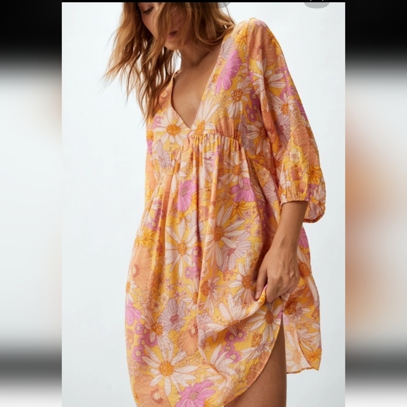 H&M Dresses & Skirts - Floral V-Neck Swim Cover-Up Dress in Yellow & Pink